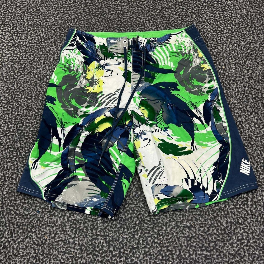 Nike Board Shorts Men 32 Green Floral Surfing Drawstring Swim Outdoor